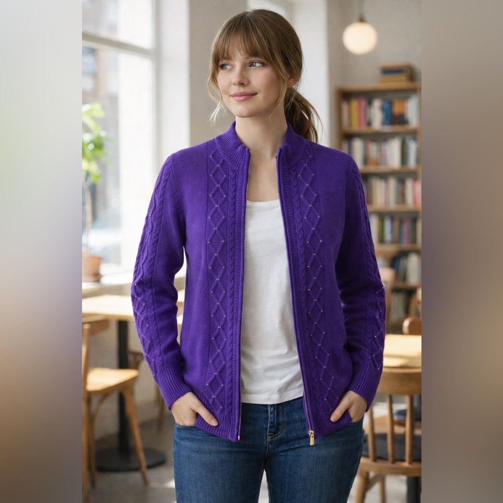 LIKE NEW St. John %100 Cashmere Embellished Zip-Front Jacket in Violet Size S